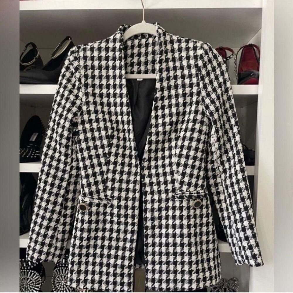 Houndstooth Print Open Front Tweed OvercoatSize XS